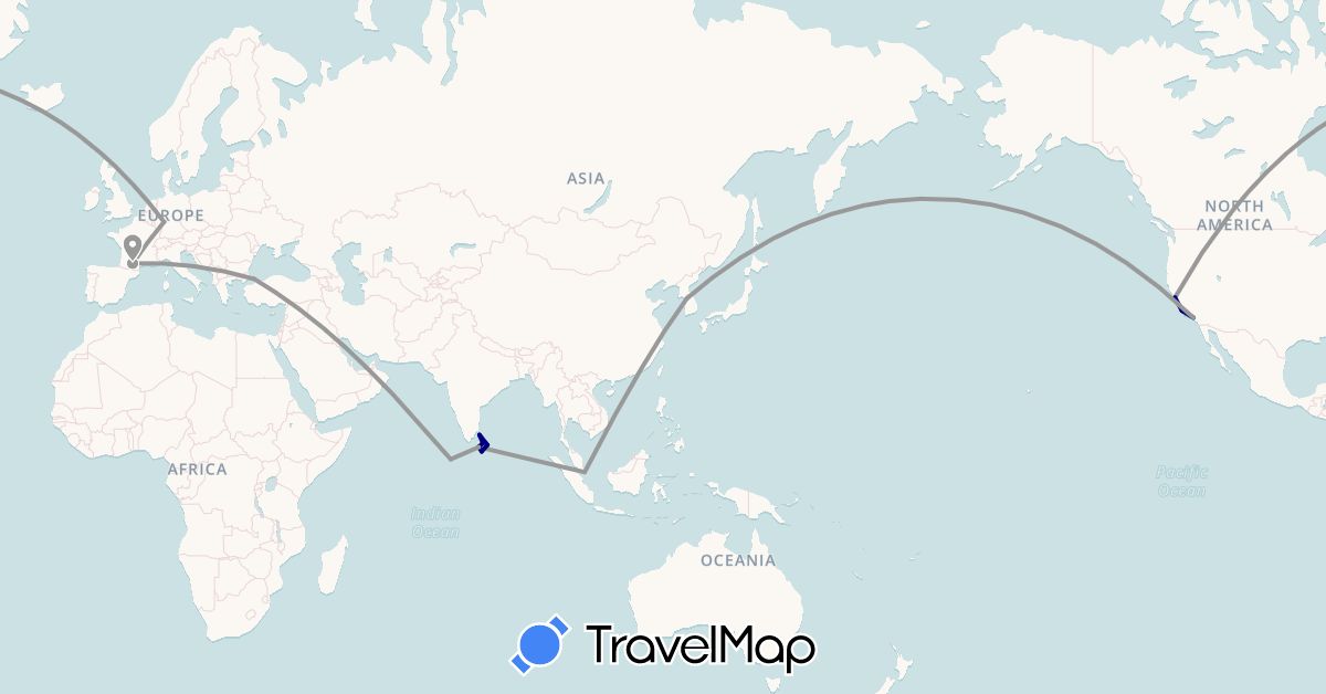 TravelMap itinerary: driving, plane in Germany, France, South Korea, Sri Lanka, Maldives, Singapore, Turkey, United States (Asia, Europe, North America)